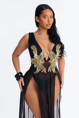 Leslie Applique High Slit Cover Up Dress - Black