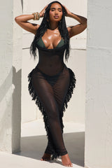 Keep Cool Fringe Hooded Mesh Cover Up Maxi Dress - Black