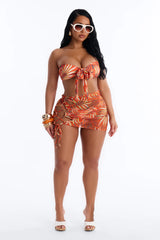 Kayla Tropical Lace Up Front Tie 3 Piece Bikini Skirt Set - Orange/combo