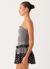 Yerin Strapless Frill Mini Dress - Grey Polkadot