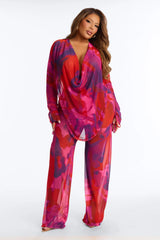 Summer Muse Cowl Neck Mesh Cover Up Pants Set - Red/combo