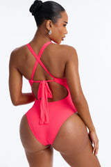 Clear Water Textured Lace Up V-Neck 1 Piece Swimsuit - Red