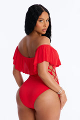 Take One Shoulder Ruffle Sleeve Lace Down Ribbed 1 Piece Swimsuit - Red