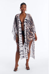 Wildin Out Long Sleeve Animal Print Cover Up Kimono - Brown/combo