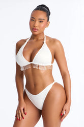 Ocean's Edge Pearl Fringe 3 Piece Bikini Sarong Set - White