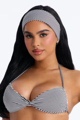 Endless Wave Knit Striped 4 Piece Bikini Skirt Set & Headscarf - Black/White