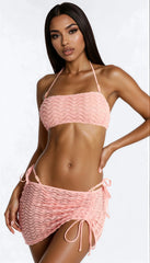 Textured Swirl 3 Piece Halter Bandeau Bikini & Mini Cover Up Skirt Sunsuit - Pink/combo