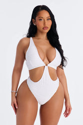 Some Beach Somewhere Textured O-Ring Back Tie 1 Piece Swimsuit - White
