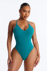 Quick Dip Side Cut Out Strappy Ribbed 1 Piece Swimsuit - Teal