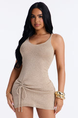 Sunny Days Crochet Ruching Swim Cover Up Dress - Tan