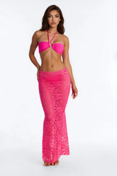 Naia 3 Piece Bandeau Bikini & Swim Cover Up Lace Maxi Skirt Sunsuit - Fuchsia