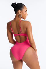 Pier Pressure Underwire Mesh Cutout 1 Piece Swimsuit - Hot Pink