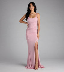 Aylani Cowl Neck Slit Mermaid Glitter Formal Dress