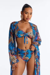 Unstoppable Wild Paradise Animal Front Tie Ruching High Waist Midi 3 Piece Bikini Komono Set - Blue/combo