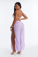 Beachside Breeze Linen High Side Slit Cover Up Pants - Lavender