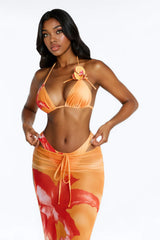 Paradise Orchid Flowers 3 Piece Bikini & Ruched Skirt Set - Orange/combo