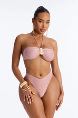 See Me Shimmer Hardware High Slit 3 Piece Bikini Skirt Set - Rose