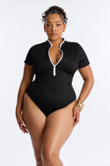 Elevated Ribbed 1 Piece Zip Up Short Sleeve Swimsuit - Black/White