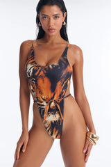 Under The Palm Trees Animal High Leg 1 Piece Swimsuit - Black/Orange