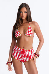Sabine Gingham 2 Piece Crochet Triangle Bikini & Boyshort Bottom Set - Red/combo