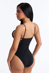 Quick Dip Side Cut Out Strappy Ribbed 1 Piece Swimsuit - Black