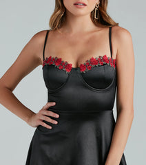 Pretty In Satin Rose Applique Skater Dress