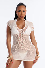 Heat Struck Short Sleeve Mini Swim Cover Up Dress - White