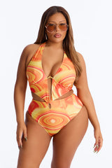Chasing Sunsets Abstract Underwire Cut Out 1 Piece Swimsuit - Orange/combo