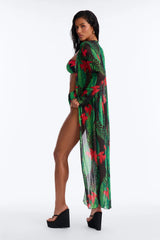 Where The Summer Never Ends Tropical Floral One Shoulder High Waist Maxi 3 Piece Bikini Kimono Set - Green/combo