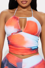 Jazzy Halter Tankini Ruched Abstract 2 Piece Bikini - Blue/combo