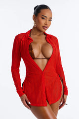 Take It Easy Mesh Cover Up Button Up Shirt - Red