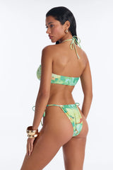 Suzanne 3 Piece Abstract Halter Bandeau Bikini & Mesh Cover Up Sarong Sunsuit - Green/combo