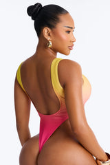 Chasing The Tide Ombre High Cut Thong 1 Piece Swimsuit - Yellow/combo