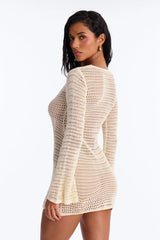 Clare Textured Long Sleeve O-Ring Swim Cover Up Dress - Cream