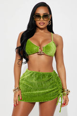 Farrah Hardware Velvet 3 Piece Bikini Ruched Skirt Set - Green