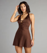 Laced Up Luxe Satin Halter Mini Dress