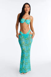 Julie Abstract Underwire 3 Piece Bikini Skirt Set - Turquoise