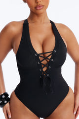 Clear Water Textured Lace Up V-Neck 1 Piece Swimsuit - Black