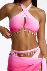 Sun Sea And Smiles Ombre Charm Jewels Waist Tie 3 Piece Bikini Sarong Set - Pink/combo