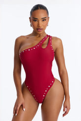 Whiskey And Waves Studded Asymmetrical Lace Up 1 Piece Swimsuit - Burgundy