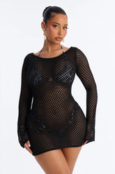 Cassie Crochet Deep Scoop Backless Cover Up Dress - Black