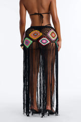 Aliana Crochet Fringe Cover Up Skirt - Black/combo