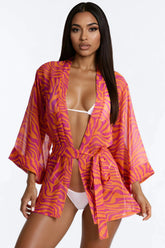 Nothing But A Stripe Waist Tie Swim Cover Up Kimono - Pink/combo