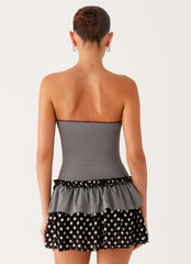 Yerin Strapless Frill Mini Dress - Grey Polkadot