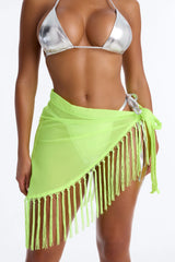 In The Tropics Mesh Fringe Swim Cover Up Sarong - Neon Yellow