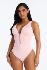 Shore Walks Ruching Hardware 1 Piece Swimsuit - Light Pink
