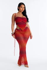 Ileen 3 Piece Mesh Rope Bandeau Bikini & Cover Up Maxi Skirt Sunsuit - Red/combo