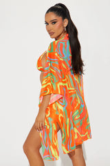 Kairi Ruched Boyshort & Kimono 3 Piece Bikini Set - Orange/combo