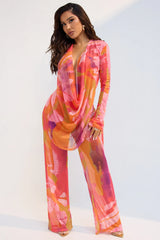 Summer Muse Cowl Neck Mesh Cover Up Pants Set - Orange/combo