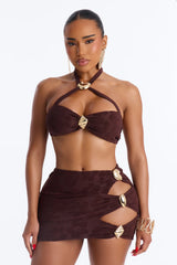 Coconut Drip Textured Hibiscus 3 Piece Bikini Skirt Set - Brown